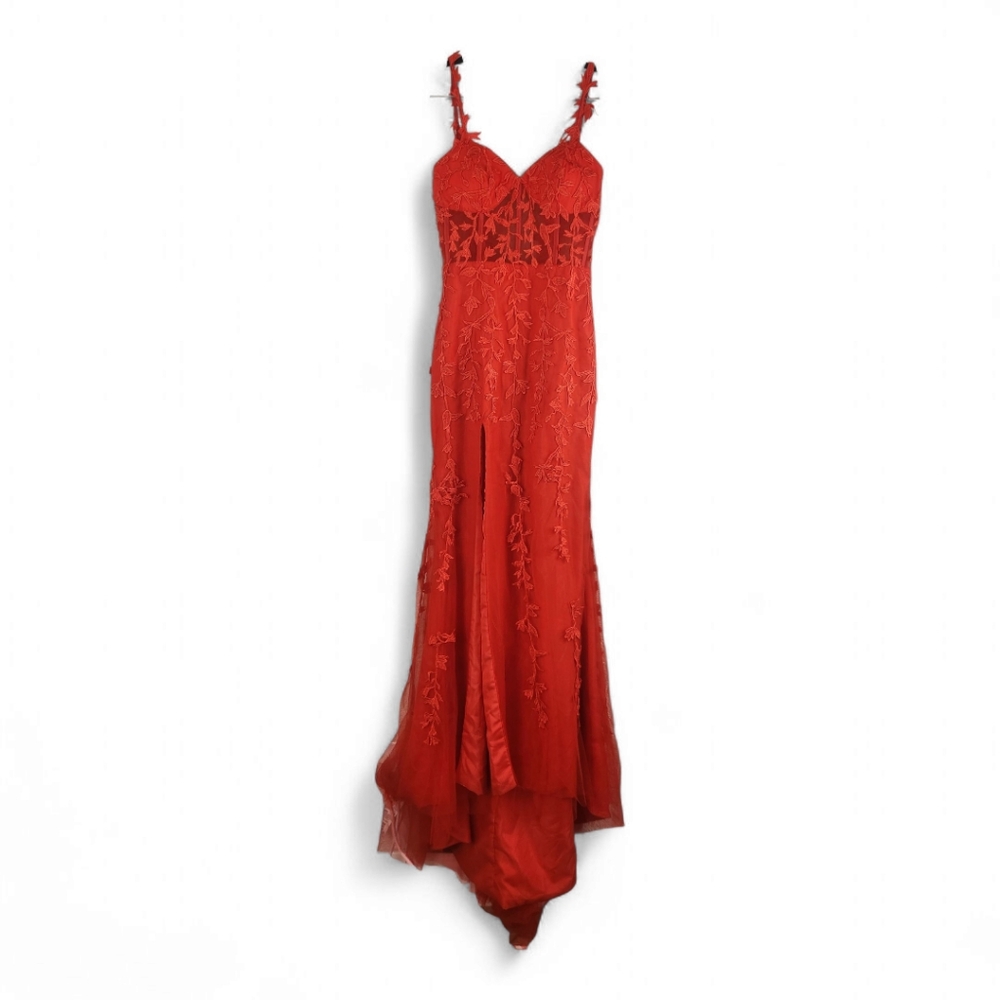 Red Leaf Detail High Slit Trumpet Gown Sz 2 Vamp Bustier Sheer Mesh Maxi Formal - Picture 1 of 13